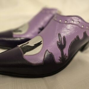BO RIDDLE HANDMADE SLIP ON MULES WESTERN 7.5 B womens purple howl at the moon